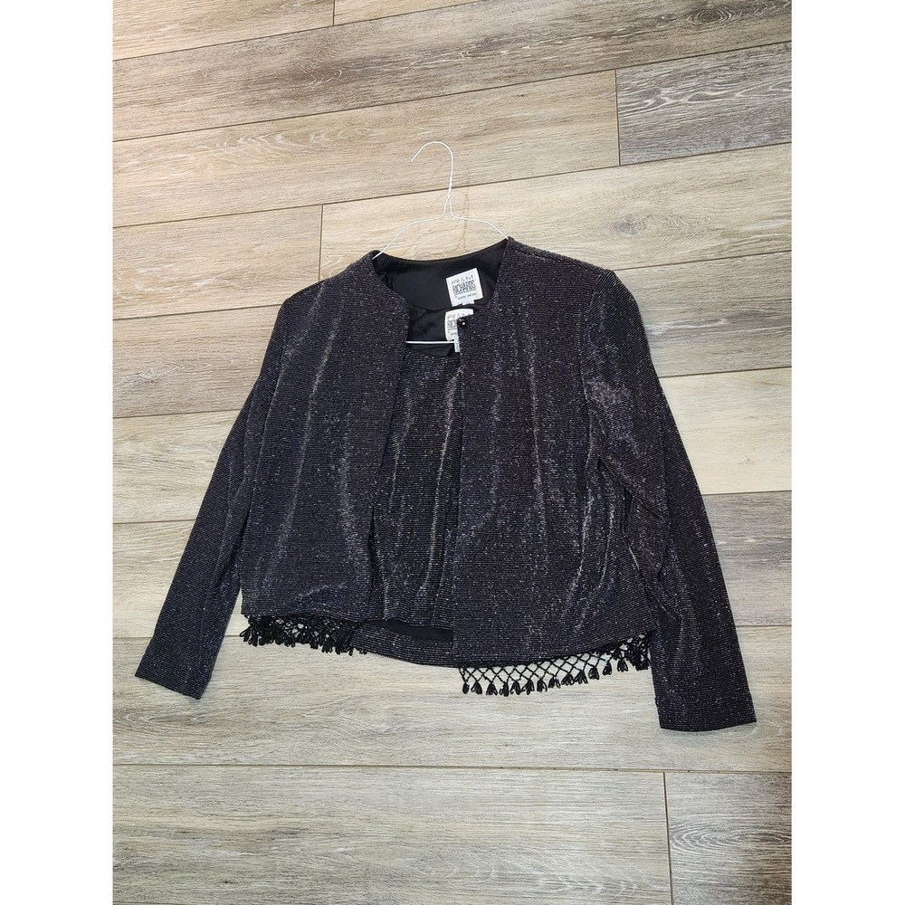 R&M Richards Black Metallic Thread Open Front Jacket With Beaded Trim Size 6 Pet